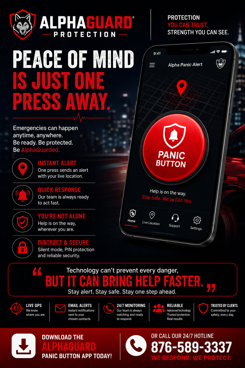 AlphaGuard Panic App flyer — Your Safety. One Button. Instant Help.